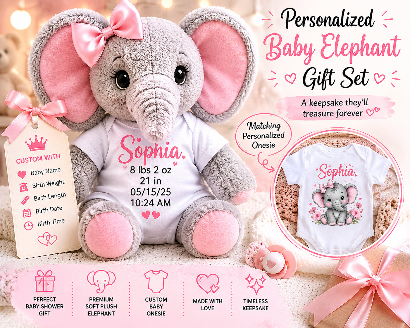 Personalized baby elephant gift set with custom baby name, birth stats, matching baby onesie, pink plush elephant keepsake, baby shower gift, newborn personalized gift set for girls