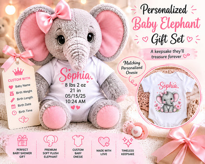 Personalized baby elephant gift set with custom baby name, birth stats, matching baby onesie, pink plush elephant keepsake, baby shower gift, newborn personalized gift set for girls