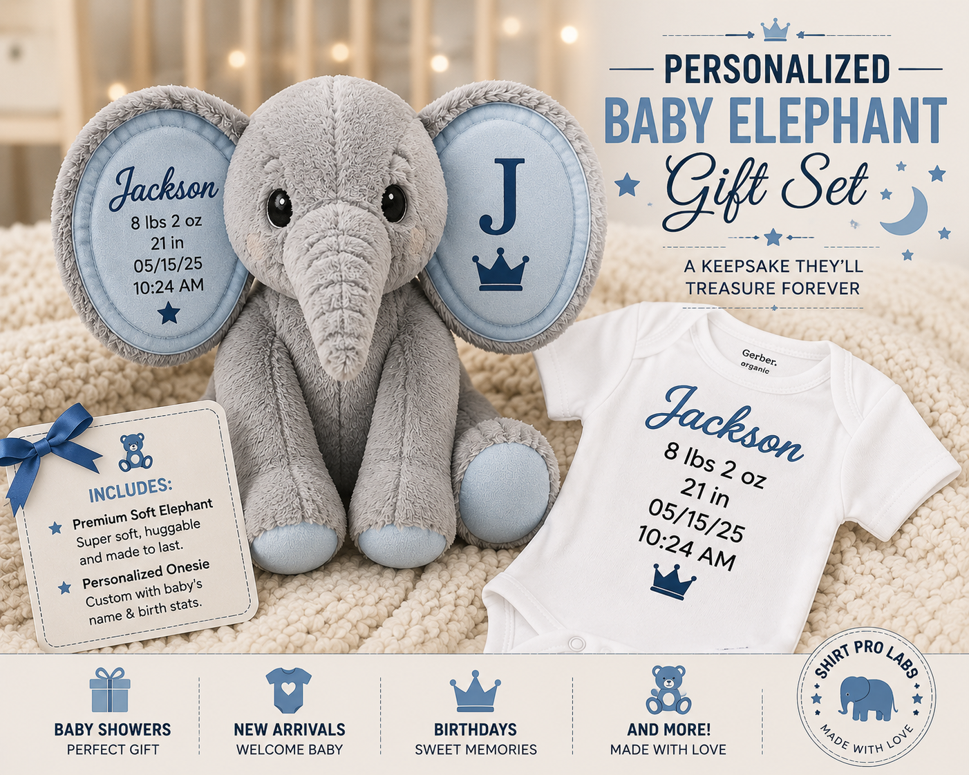 Personalized baby boy elephant gift with custom newborn name and matching onesie