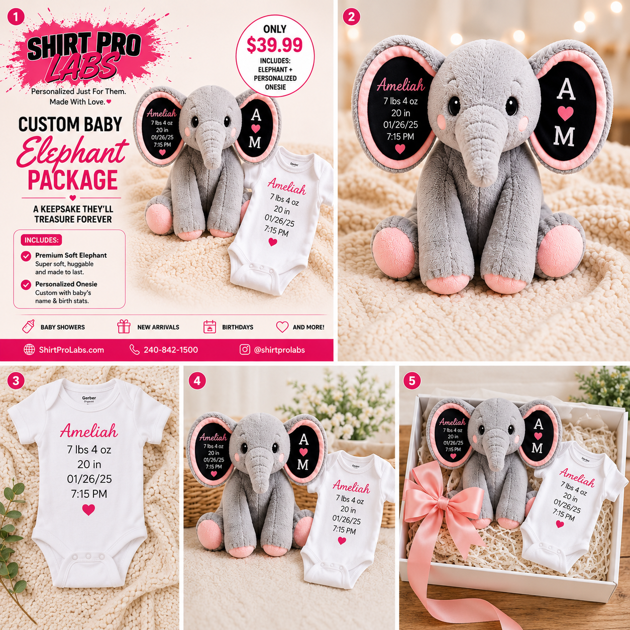 Personalized baby elephant gift set custom baby shower gift for newborn baby girl