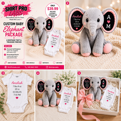 Personalized baby elephant gift set custom baby shower gift for newborn baby girl