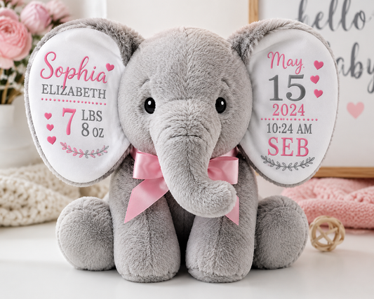 Personalized baby elephant gift set with custom baby name and matching newborn onesie girl keepsake gift
