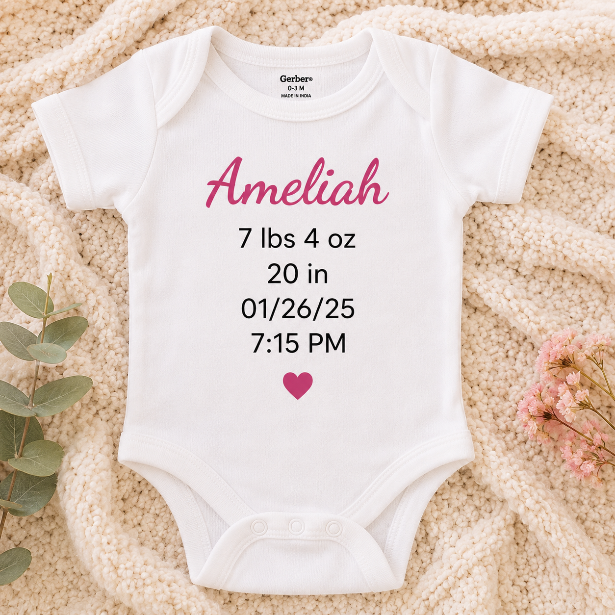Personalized baby girl onesie with custom newborn birth stats, baby name, birth date, weight and time. Unique baby shower gift and newborn keepsake.
